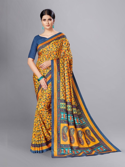 

VIMLA Women Yellow & Blue Floral Art Silk Mysore Silk Saree