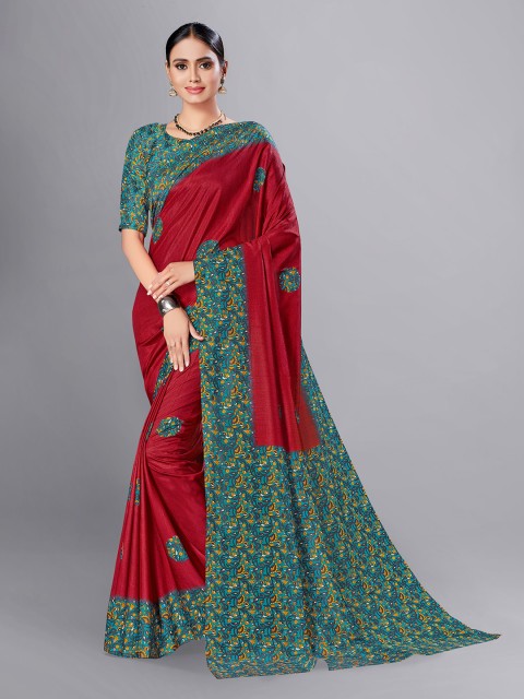 

VIMLA Maroon & Green Floral Art Silk Mysore Silk Saree With Unstitched Blouse Piece