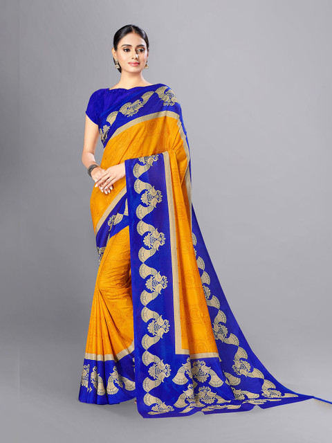 

VIMLA Mustard & Blue Ethnic Motifs Art Silk Mysore Silk Saree