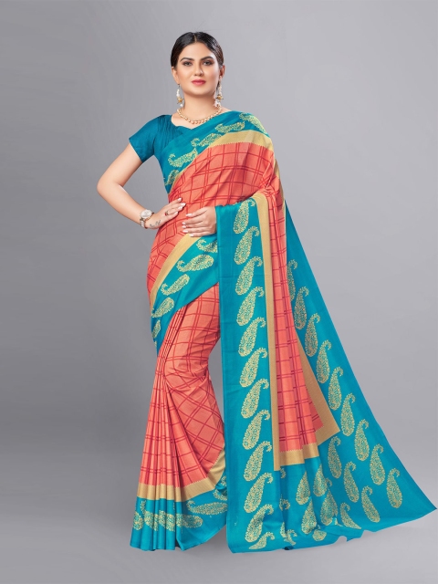 

VIMLA Orange & Blue Checked Art Silk Mysore Silk Saree