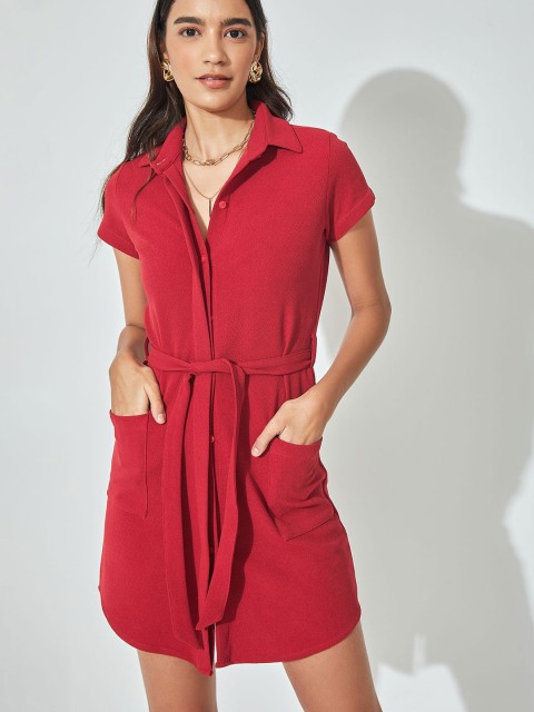 

The Label Life Women Red Crimson Pocket Shirt Dress