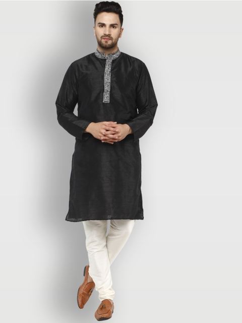 

Enciger Men Black Thread Work Dupion Silk Kurta with Churidar