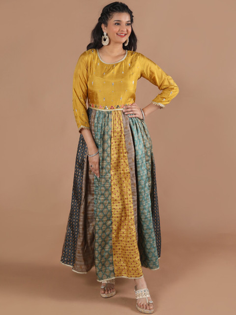 

taruni Mustard Yellow & Green Ethnic Motifs Embroidered Maxi Dress