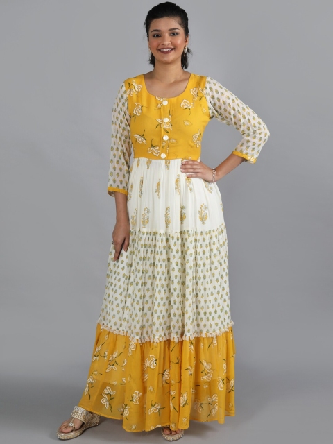 

taruni Women Off White & Yellow Ethnic Motifs Printed Georgette Anarkali Kurta