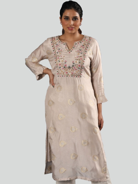 

taruni Beige Floral Printed V-Neck Sequinned Pure Silk Sequinned Pleated Kurti