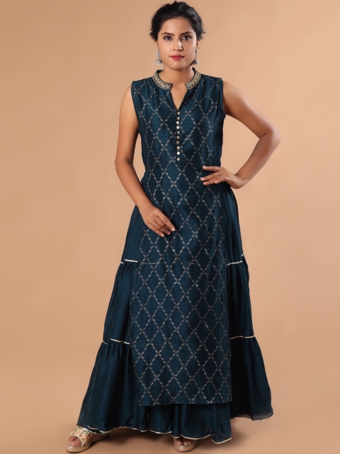 

taruni Women Teal Green Ethnic Motifs Printed Georgette Kurta