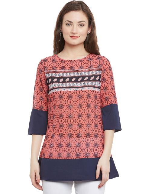 

Ruhaans Peach-Coloured & Navy Printed Slim Fit A-Line Tunic