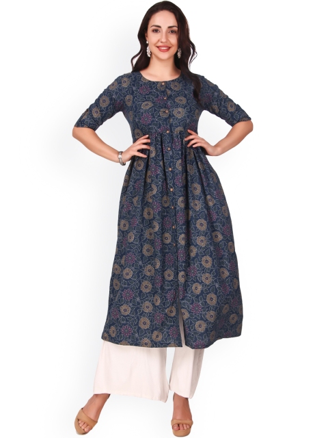

Haute and Humble Women Blue Ethnic Motifs Printed Thread Work Kurta