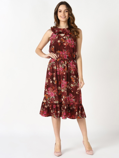 

shashvi Brown Floral Crepe Midi Dress