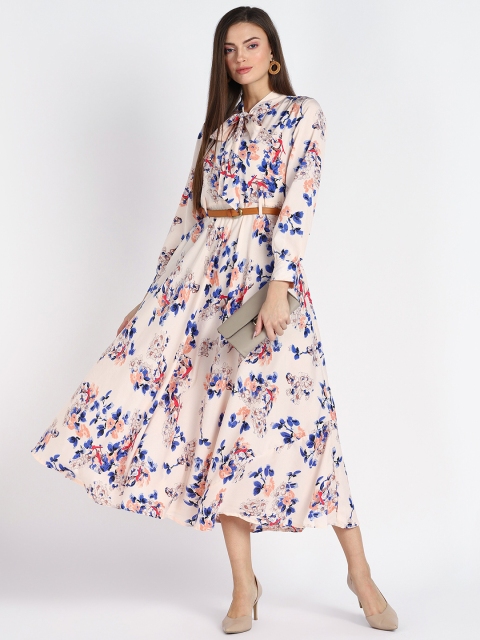 

Shashvi Pink Floral Tie-Up Neck Crepe Midi Dress