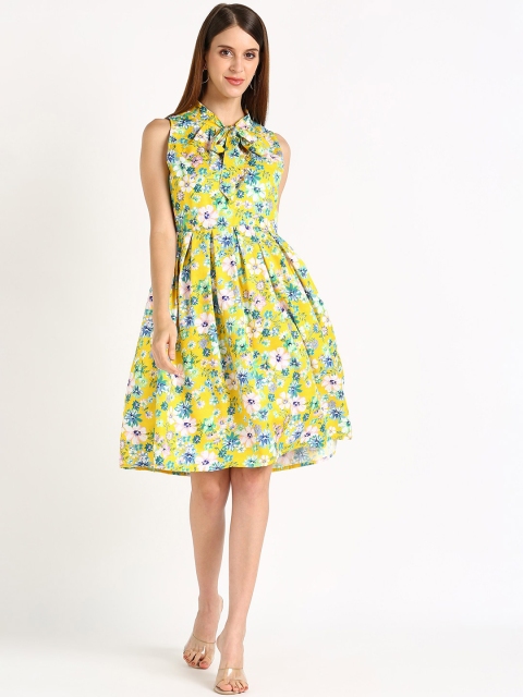 

shashvi Women Yellow Floral Tie-Up Neck Crepe Dress