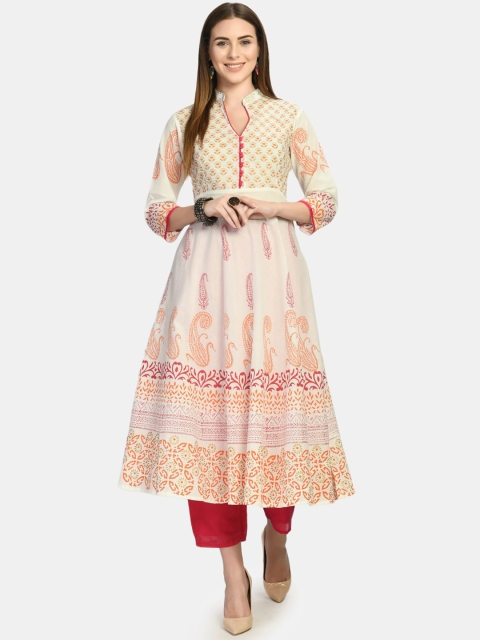 

RIYA Women White Ethnic Motifs Printed Gotta Patti Block Print Anarkali Kurta