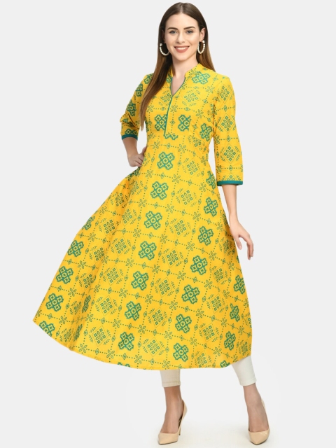 

RIYA Women Mustard Yellow Ethnic Motifs Printed Block Print Anarkali Kurta