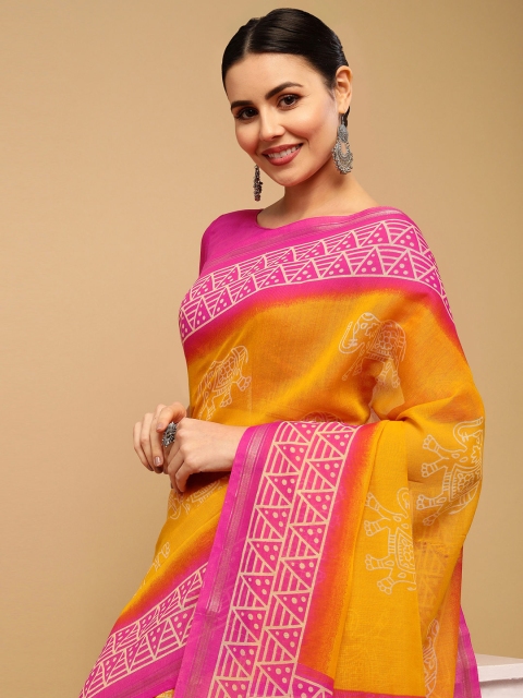 

KALINI Mustard & Orange Ethnic Motifs Zari Saree