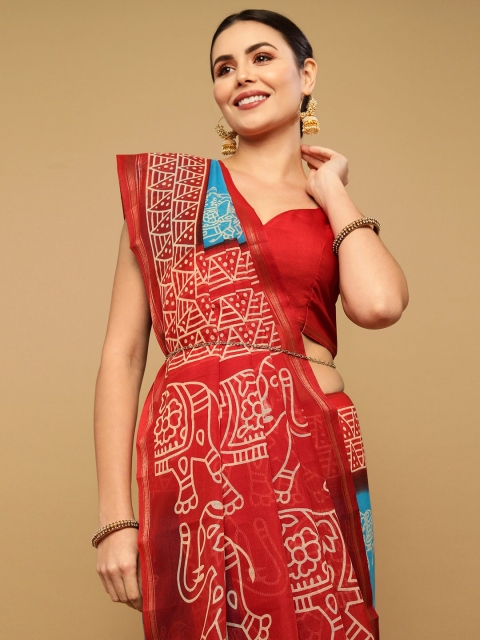 

KALINI Blue & Red Ethnic Motifs Zari Saree