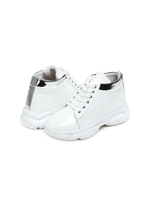 

BOOTCO Women White Casual Stylish High Ankle Sneakers for Girls With Silver Stripes