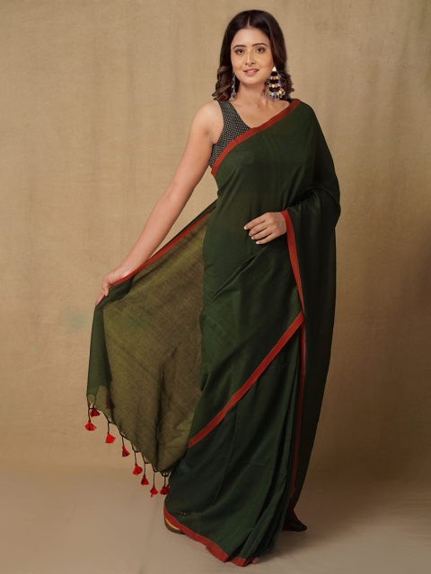 

Unnati Silks Green & Red Pure Linen Jamdani Saree