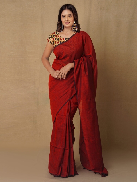 

Unnati Silks Maroon Pure Linen Handloom Jamdani Saree