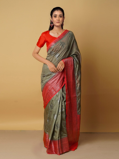 

Unnati Silks Grey & Pink Woven Design Zari Silk Cotton Kanjeevaram Saree