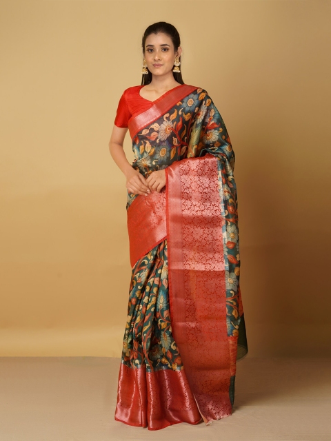 

Unnati Silks Green & Red Woven Design Zari Silk Cotton Kanjeevaram Saree