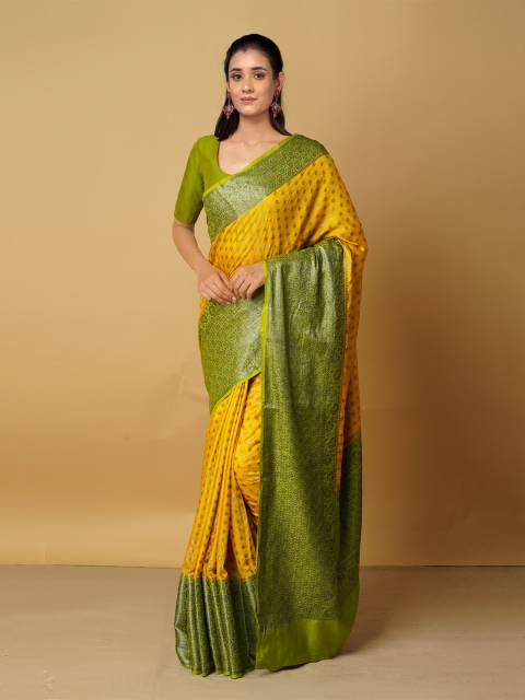

Unnati Silks Yellow & Green Woven Design Zari Silk Cotton Kanjeevaram Saree