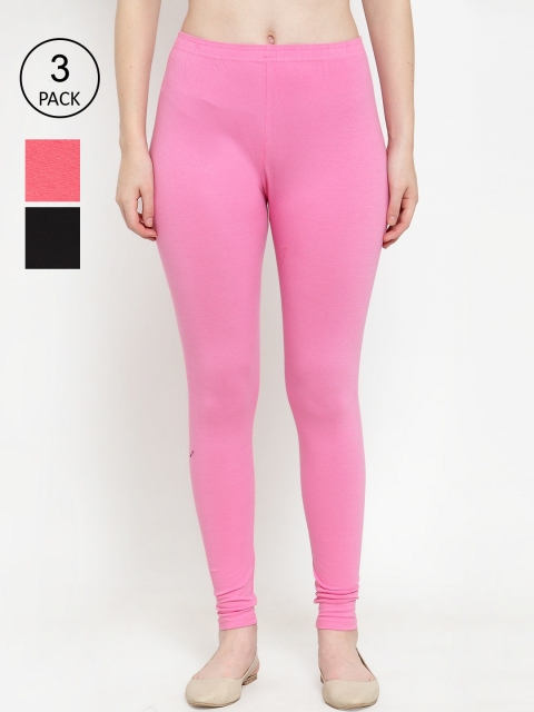 

GRACIT Women Black, Light Pink & Peach Pack Of 3 Solid Ankle-Length Leggings