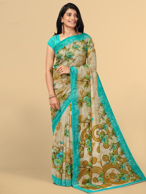 

Kalamandir Cream-Coloured & Turquoise Blue Floral Saree