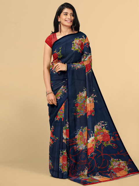 

Kalamandir Navy Blue & Red Floral Saree