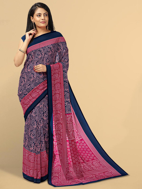 

Kalamandir Navy Blue & Pink Floral Saree