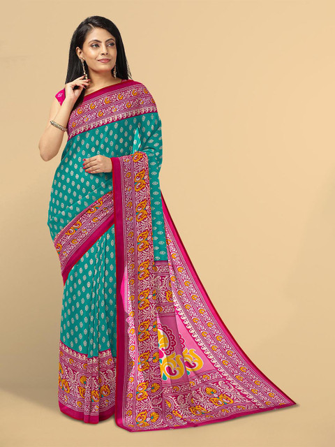 

Kalamandir Teal & Mustard Floral Saree