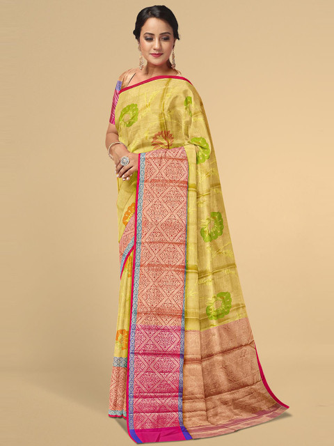 

Kalamandir Yellow & Green Floral Zari Tissue Saree