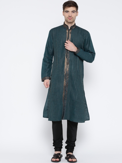 

Manish Creations Men Green & Black Self-Striped Kurta with Pyjama