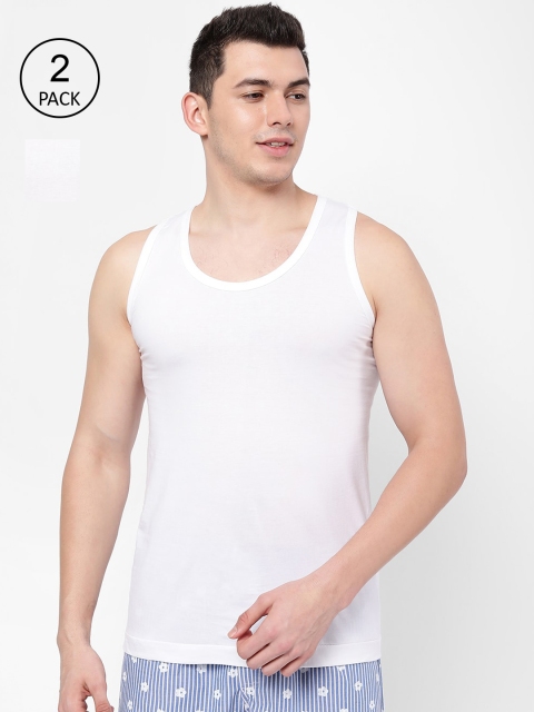 

R&B Men Pack Of 2 White Solid Cotton Basic Innerwear Vests