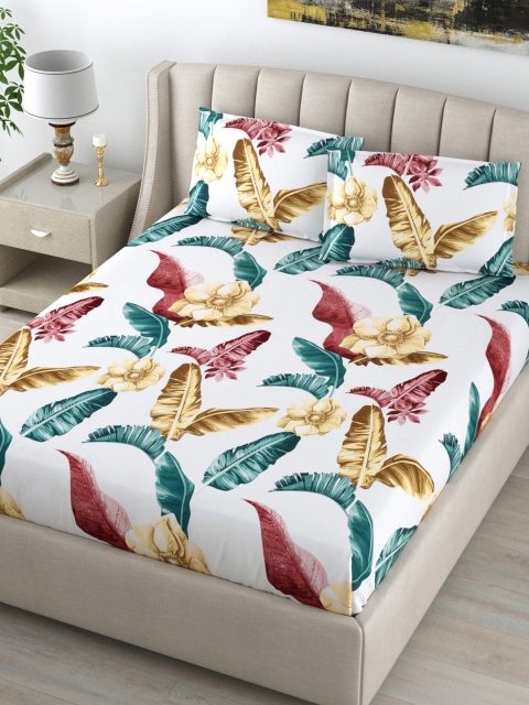 

DREAM WEAVERZ White & Green Floral 220 TC King Bedsheet with 2 Pillow Covers