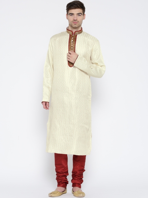 

Manish Creations Men Cream-Coloured & Red Woven Design Kurta with Pyjamas