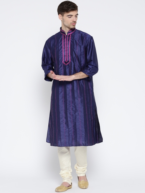 

Manish Creations Men Blue & Cream-Coloured Self-Striped Kurta with Pyjama