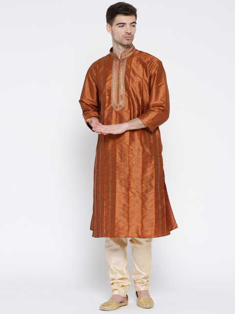 

Manish Creations Men Rust Orange & Beige Striped Detail Kurta with Pyjamas