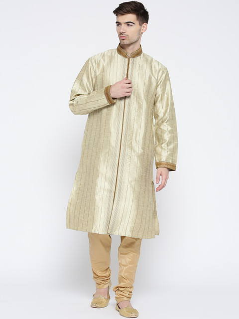 

Manish Creations Men Cream-Coloured & Beige Striped Kurta with Pyjamas