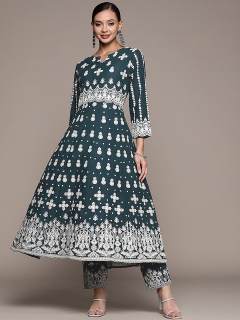 

Anubhutee Women Teal Embroidered Empire Thread Work Kurta with Trousers