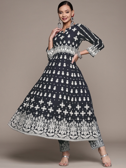 

Anubhutee Women Navy Blue Embroidered Empire Thread Work Kurta with Trousers