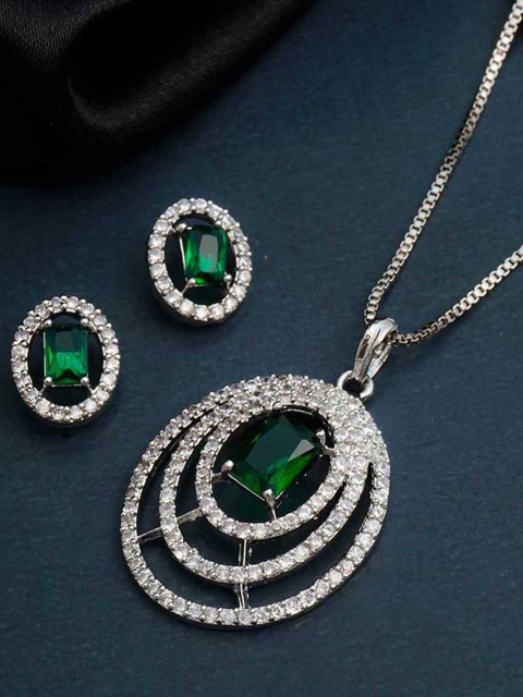 

Urmika Green Emerald Stone Silver Crystal Pendant With Earrings