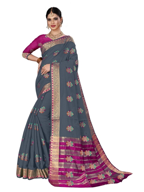 

Rivana Grey & Pink Woven Design Zari Pure Cotton Chanderi Saree