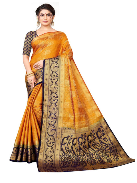 

MOKSHA DESIGNS Blue & Yellow Woven Design Zari Pure Silk Banarasi Saree