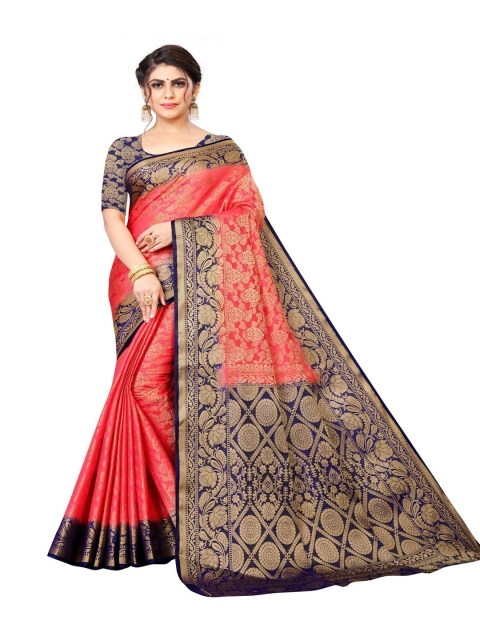 

MOKSHA DESIGNS Red & Navy Blue Ethnic Motifs Zari Pure Silk Banarasi Saree
