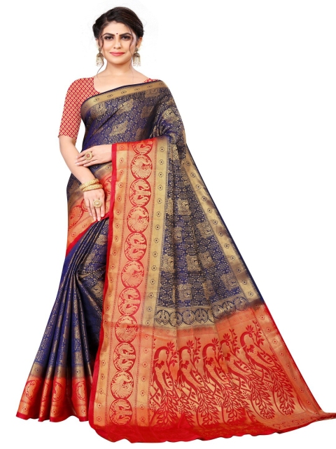 

MOKSHA DESIGNS Navy Blue & Red Woven Design Zari Pure Silk Banarasi Saree