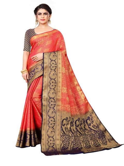 

MOKSHA DESIGNS Navy Blue & Red Ethnic Motifs Zari Pure Silk Banarasi Saree