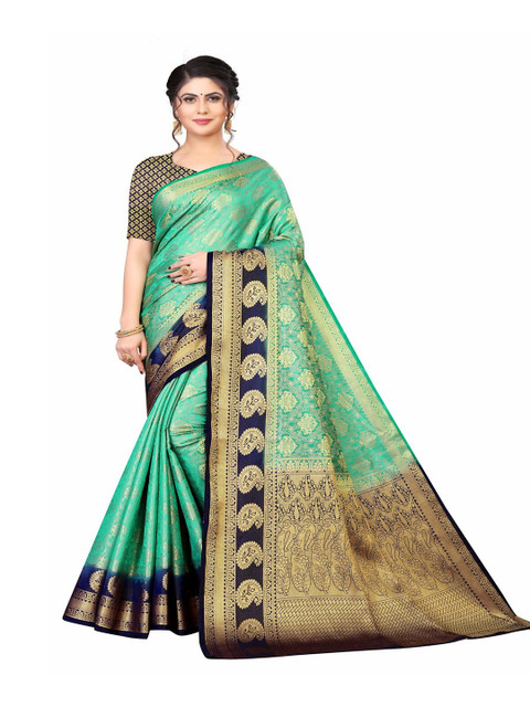 

MOKSHA DESIGNS Green & Navy Blue Ethnic Motifs Zari Pure Silk Banarasi Saree