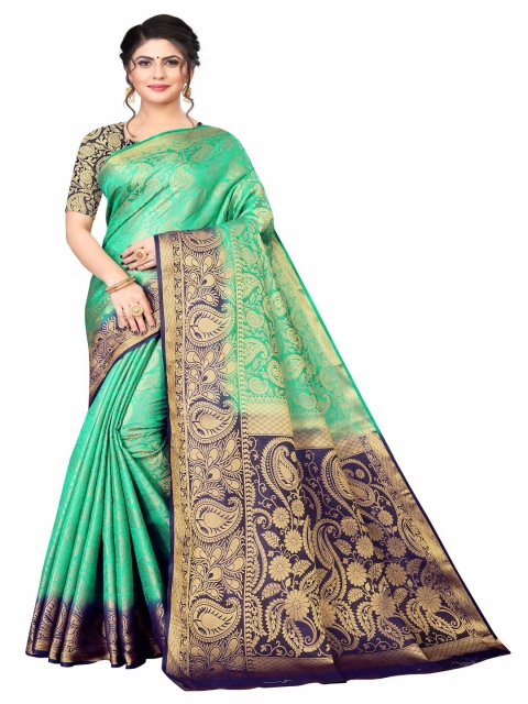 

MOKSHA DESIGNS Green & Navy Blue Woven Design Zari Pure Silk Banarasi Saree