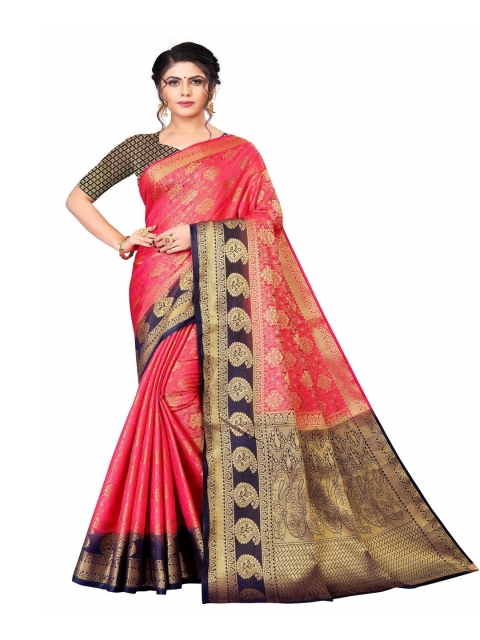 

MOKSHA DESIGNS Navy Blue & Pink Ethnic Motifs Zari Pure Silk Banarasi Saree