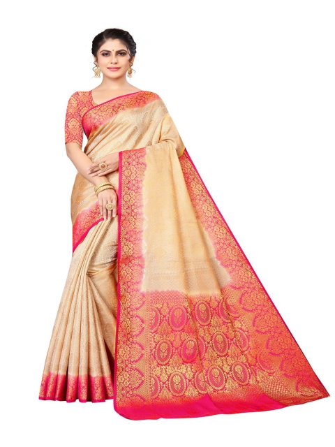 

MOKSHA DESIGNS Beige & Red Woven Design Zari Pure Silk Banarasi Saree